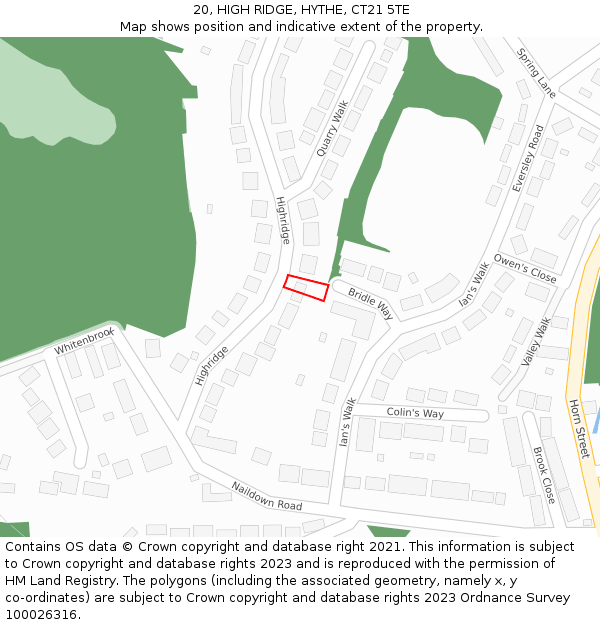 20, HIGH RIDGE, HYTHE, CT21 5TE: Location map and indicative extent of plot
