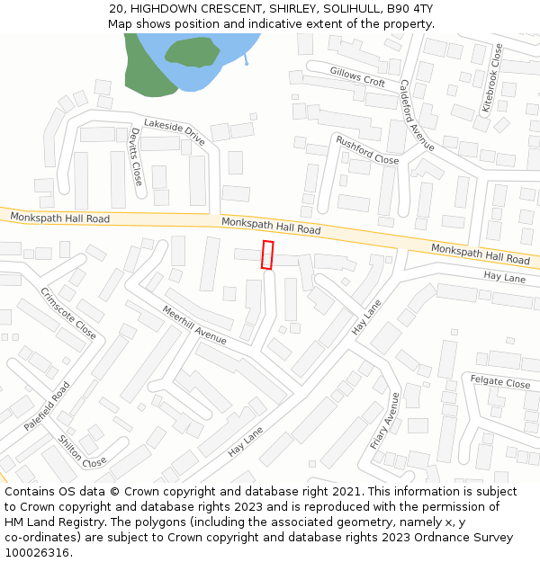 20, HIGHDOWN CRESCENT, SHIRLEY, SOLIHULL, B90 4TY: Location map and indicative extent of plot