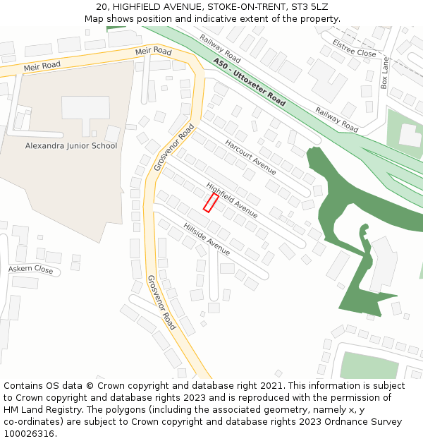 20, HIGHFIELD AVENUE, STOKE-ON-TRENT, ST3 5LZ: Location map and indicative extent of plot