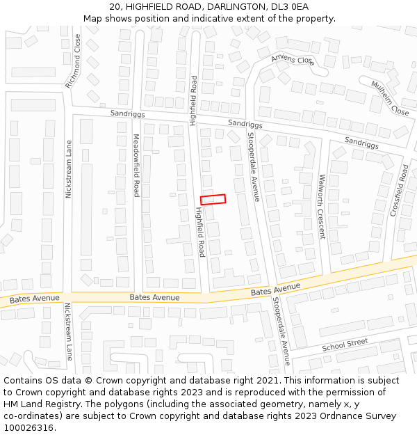 20, HIGHFIELD ROAD, DARLINGTON, DL3 0EA: Location map and indicative extent of plot