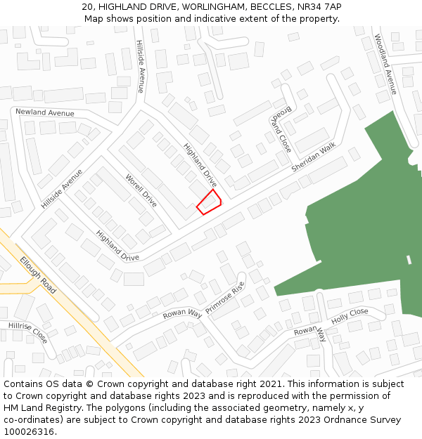 20, HIGHLAND DRIVE, WORLINGHAM, BECCLES, NR34 7AP: Location map and indicative extent of plot