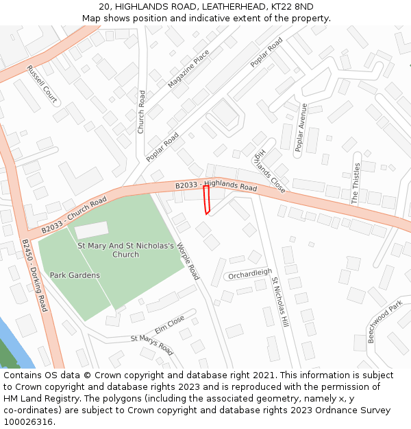 20, HIGHLANDS ROAD, LEATHERHEAD, KT22 8ND: Location map and indicative extent of plot