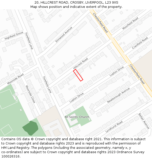 20, HILLCREST ROAD, CROSBY, LIVERPOOL, L23 9XS: Location map and indicative extent of plot
