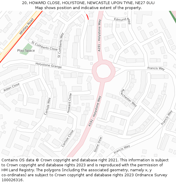 20, HOWARD CLOSE, HOLYSTONE, NEWCASTLE UPON TYNE, NE27 0UU: Location map and indicative extent of plot