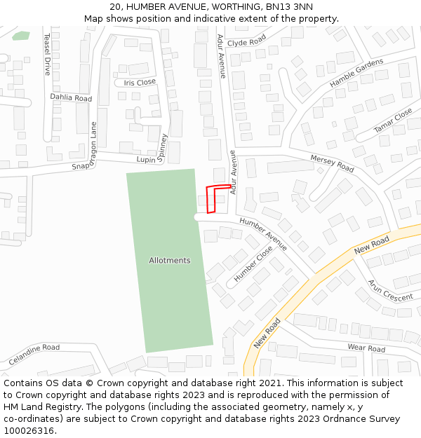 20, HUMBER AVENUE, WORTHING, BN13 3NN: Location map and indicative extent of plot