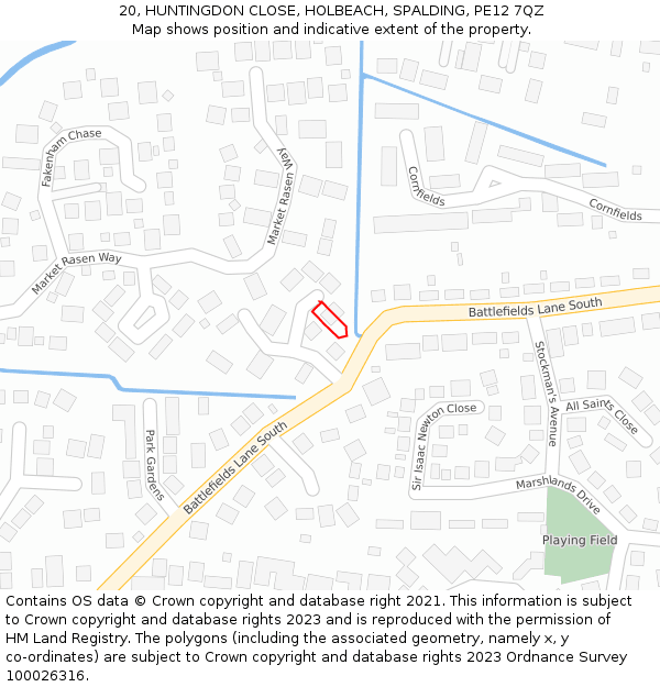 20, HUNTINGDON CLOSE, HOLBEACH, SPALDING, PE12 7QZ: Location map and indicative extent of plot