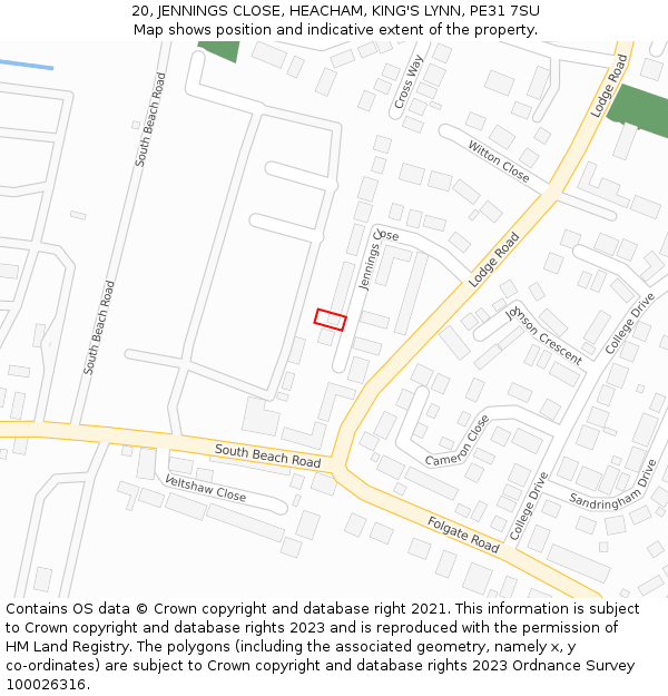 20, JENNINGS CLOSE, HEACHAM, KING'S LYNN, PE31 7SU: Location map and indicative extent of plot