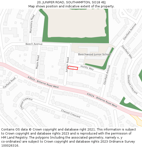 20, JUNIPER ROAD, SOUTHAMPTON, SO18 4EJ: Location map and indicative extent of plot