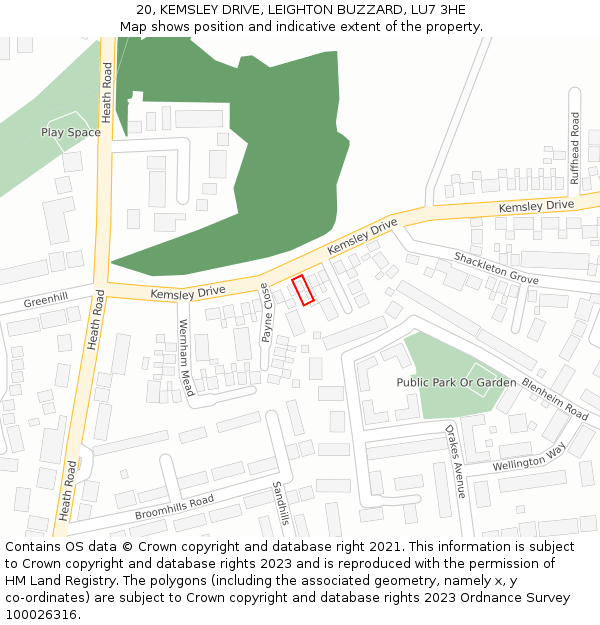 20, KEMSLEY DRIVE, LEIGHTON BUZZARD, LU7 3HE: Location map and indicative extent of plot