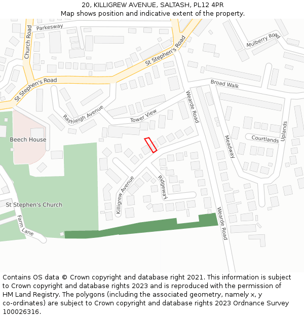 20, KILLIGREW AVENUE, SALTASH, PL12 4PR: Location map and indicative extent of plot