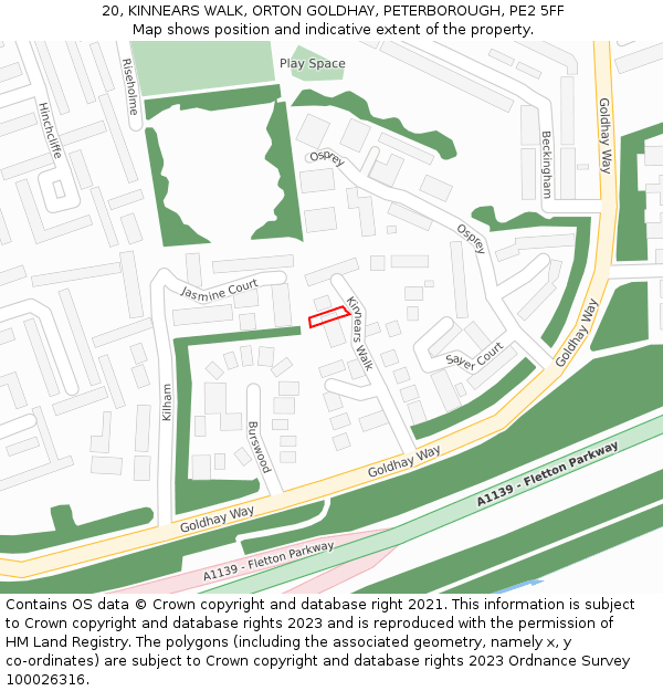 20, KINNEARS WALK, ORTON GOLDHAY, PETERBOROUGH, PE2 5FF: Location map and indicative extent of plot