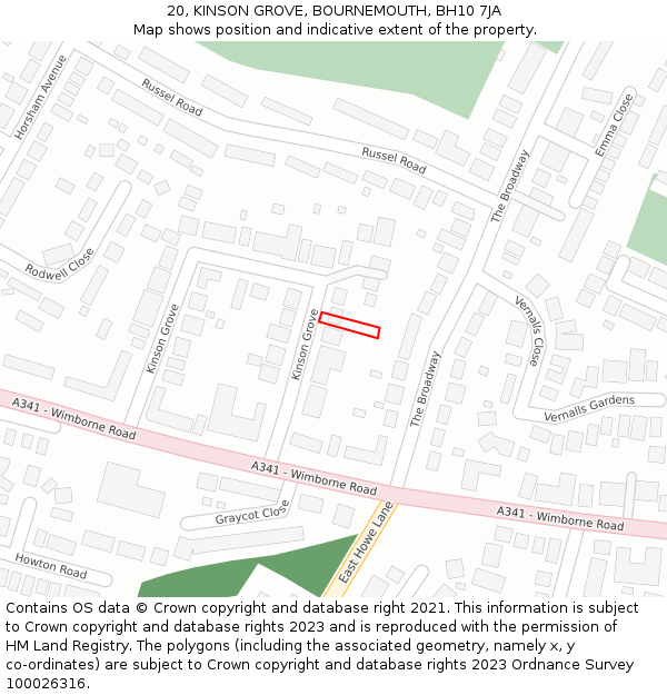 20, KINSON GROVE, BOURNEMOUTH, BH10 7JA: Location map and indicative extent of plot