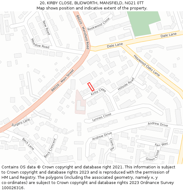 20, KIRBY CLOSE, BLIDWORTH, MANSFIELD, NG21 0TT: Location map and indicative extent of plot