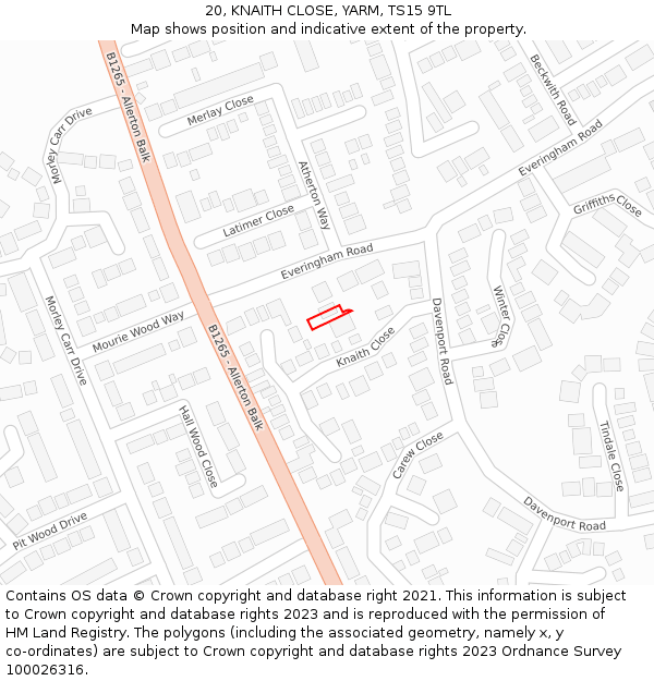 20, KNAITH CLOSE, YARM, TS15 9TL: Location map and indicative extent of plot