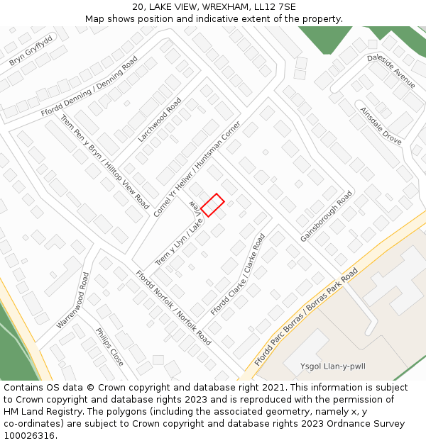 20, LAKE VIEW, WREXHAM, LL12 7SE: Location map and indicative extent of plot