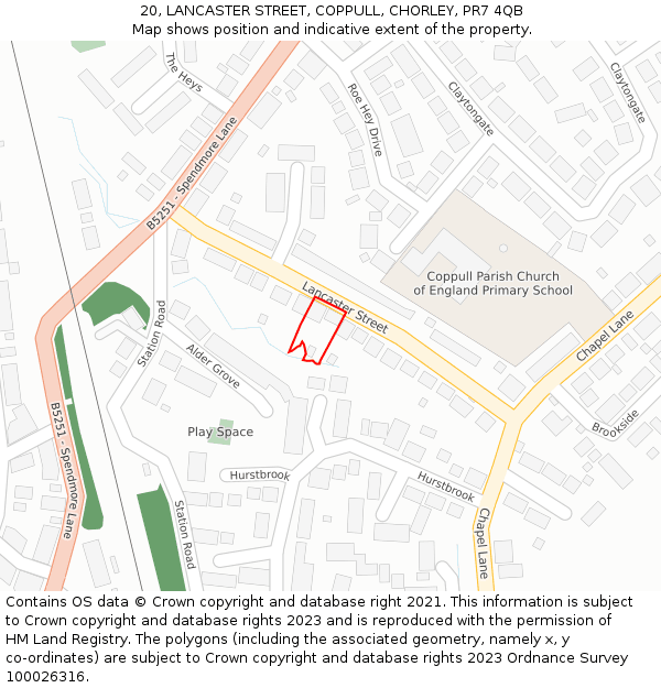 20, LANCASTER STREET, COPPULL, CHORLEY, PR7 4QB: Location map and indicative extent of plot