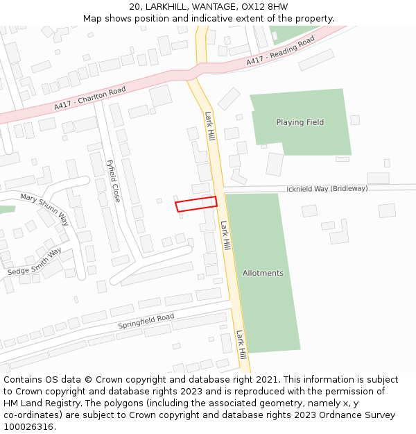 20, LARKHILL, WANTAGE, OX12 8HW: Location map and indicative extent of plot