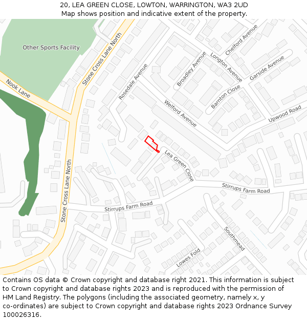 20, LEA GREEN CLOSE, LOWTON, WARRINGTON, WA3 2UD: Location map and indicative extent of plot