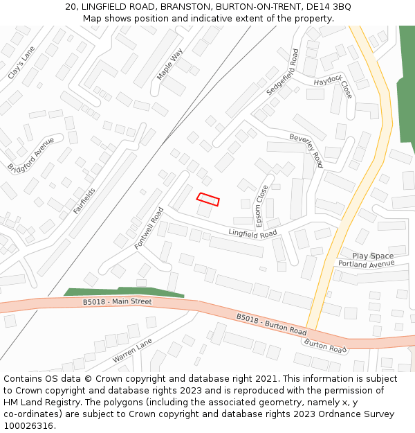 20, LINGFIELD ROAD, BRANSTON, BURTON-ON-TRENT, DE14 3BQ: Location map and indicative extent of plot