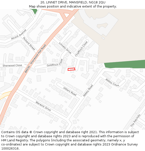 20, LINNET DRIVE, MANSFIELD, NG18 2QU: Location map and indicative extent of plot
