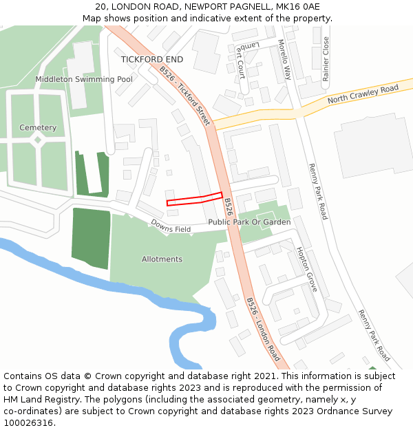 20, LONDON ROAD, NEWPORT PAGNELL, MK16 0AE: Location map and indicative extent of plot