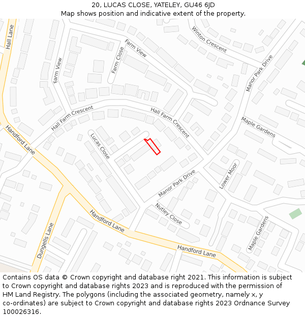 20, LUCAS CLOSE, YATELEY, GU46 6JD: Location map and indicative extent of plot