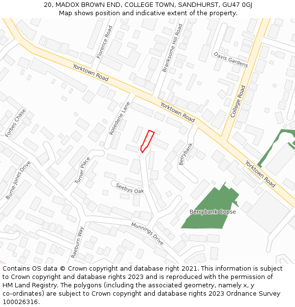 20, MADOX BROWN END, COLLEGE TOWN, SANDHURST, GU47 0GJ: Location map and indicative extent of plot