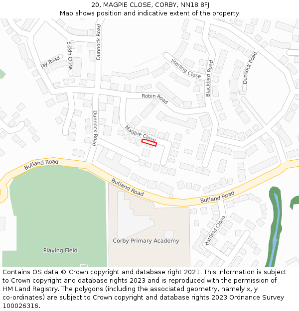 20, MAGPIE CLOSE, CORBY, NN18 8FJ: Location map and indicative extent of plot