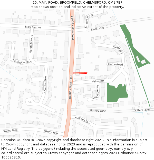 20, MAIN ROAD, BROOMFIELD, CHELMSFORD, CM1 7EF: Location map and indicative extent of plot