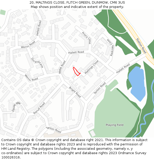 20, MALTINGS CLOSE, FLITCH GREEN, DUNMOW, CM6 3US: Location map and indicative extent of plot