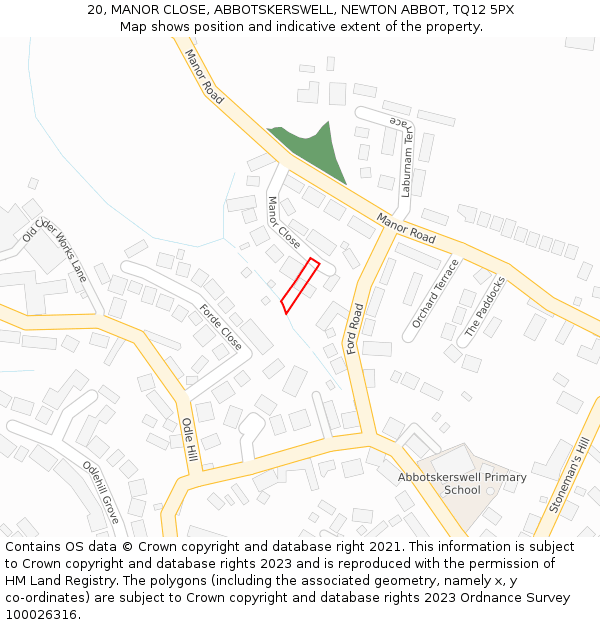20, MANOR CLOSE, ABBOTSKERSWELL, NEWTON ABBOT, TQ12 5PX: Location map and indicative extent of plot