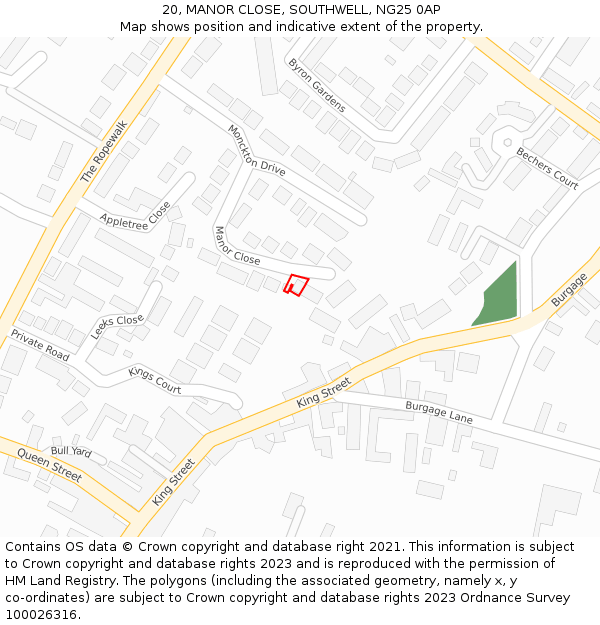 20, MANOR CLOSE, SOUTHWELL, NG25 0AP: Location map and indicative extent of plot