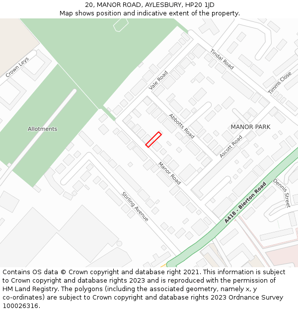 20, MANOR ROAD, AYLESBURY, HP20 1JD: Location map and indicative extent of plot