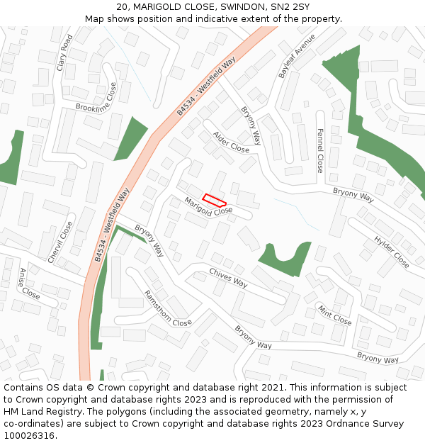 20, MARIGOLD CLOSE, SWINDON, SN2 2SY: Location map and indicative extent of plot