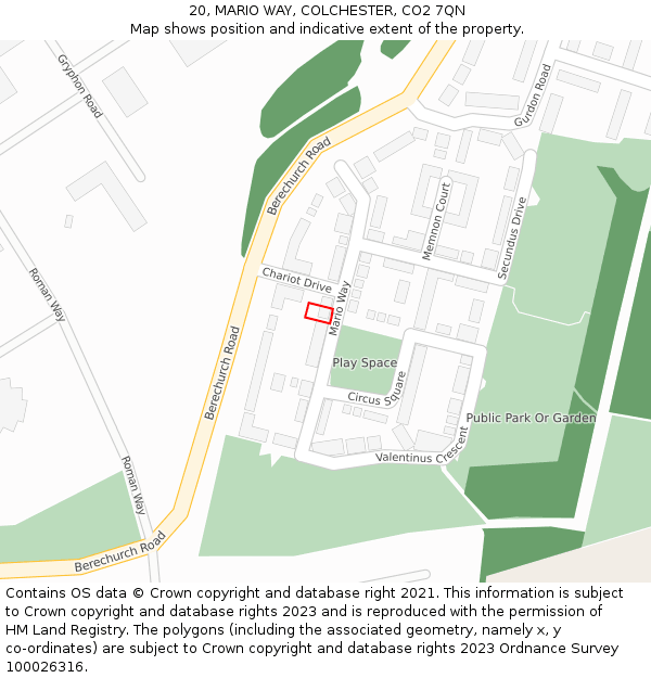 20, MARIO WAY, COLCHESTER, CO2 7QN: Location map and indicative extent of plot