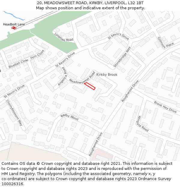 20, MEADOWSWEET ROAD, KIRKBY, LIVERPOOL, L32 1BT: Location map and indicative extent of plot