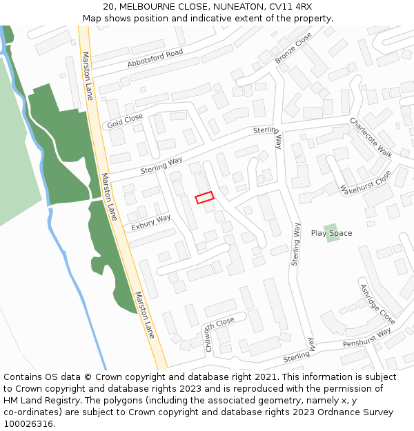 20, MELBOURNE CLOSE, NUNEATON, CV11 4RX: Location map and indicative extent of plot