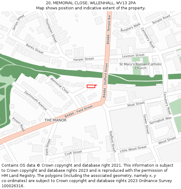 20, MEMORIAL CLOSE, WILLENHALL, WV13 2PA: Location map and indicative extent of plot