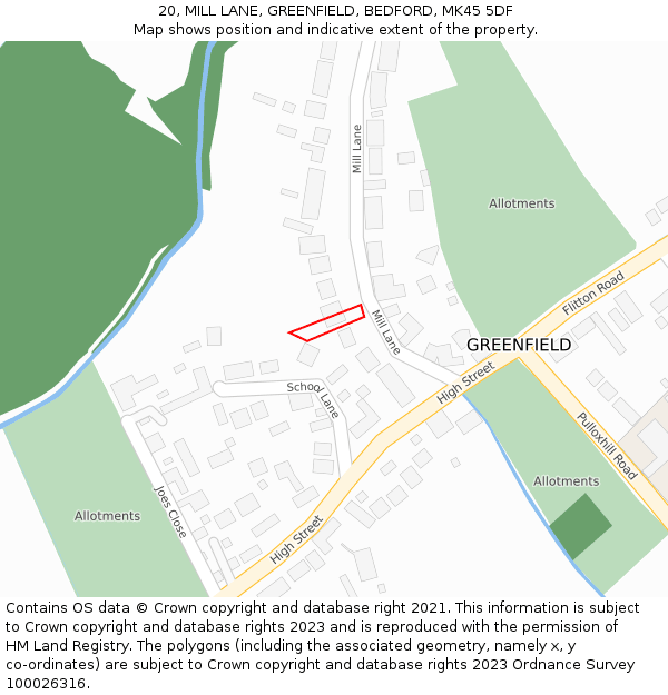 20, MILL LANE, GREENFIELD, BEDFORD, MK45 5DF: Location map and indicative extent of plot