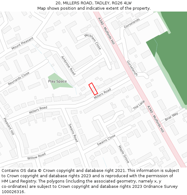 20, MILLERS ROAD, TADLEY, RG26 4LW: Location map and indicative extent of plot