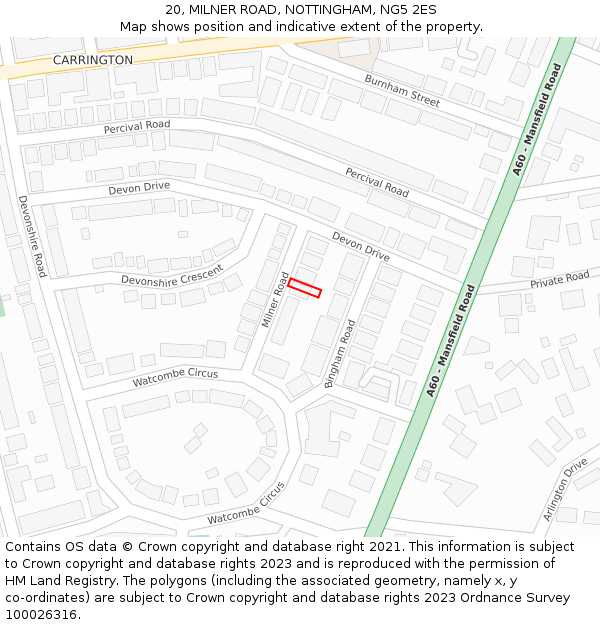 20, MILNER ROAD, NOTTINGHAM, NG5 2ES: Location map and indicative extent of plot