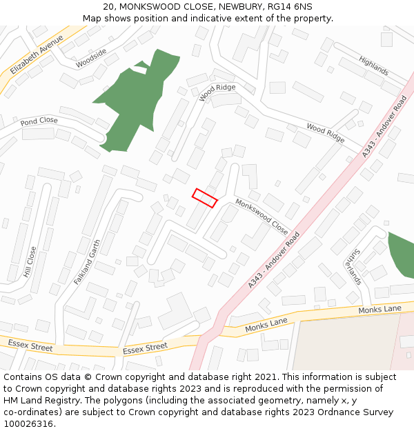 20, MONKSWOOD CLOSE, NEWBURY, RG14 6NS: Location map and indicative extent of plot