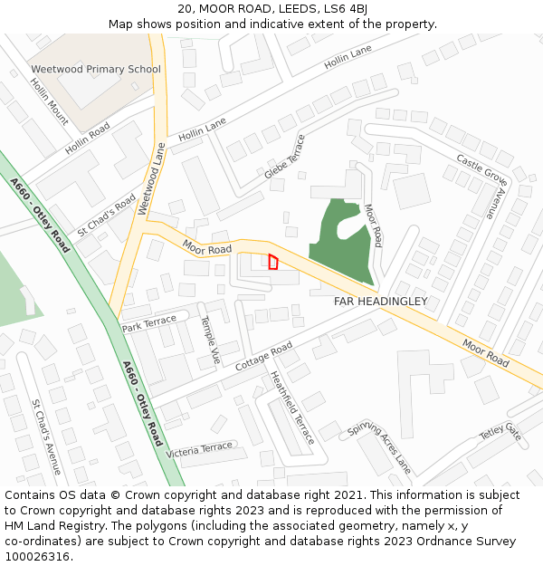 20, MOOR ROAD, LEEDS, LS6 4BJ: Location map and indicative extent of plot