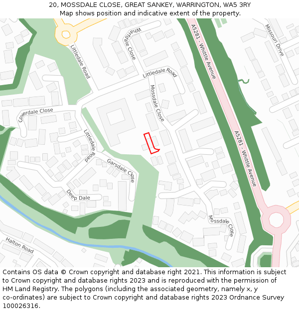 20, MOSSDALE CLOSE, GREAT SANKEY, WARRINGTON, WA5 3RY: Location map and indicative extent of plot
