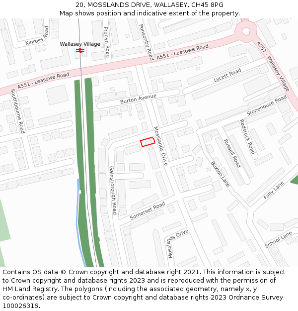 20, MOSSLANDS DRIVE, WALLASEY, CH45 8PG: Location map and indicative extent of plot