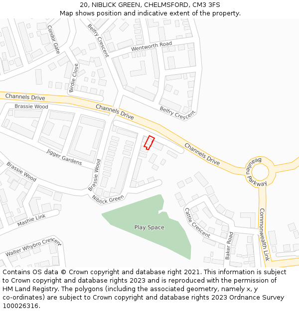 20, NIBLICK GREEN, CHELMSFORD, CM3 3FS: Location map and indicative extent of plot