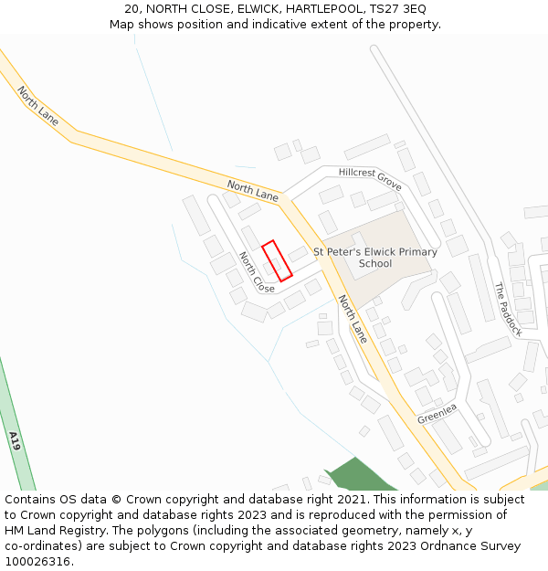 20, NORTH CLOSE, ELWICK, HARTLEPOOL, TS27 3EQ: Location map and indicative extent of plot