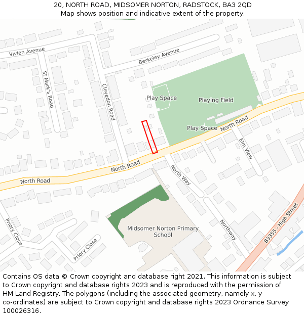 20, NORTH ROAD, MIDSOMER NORTON, RADSTOCK, BA3 2QD: Location map and indicative extent of plot