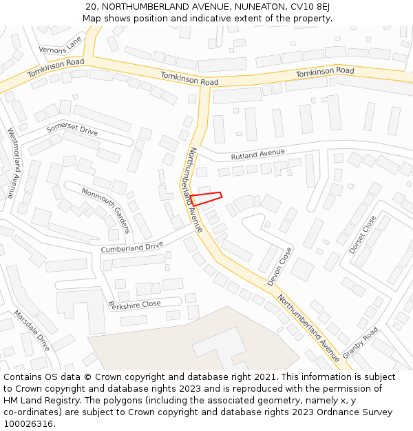 20, NORTHUMBERLAND AVENUE, NUNEATON, CV10 8EJ: Location map and indicative extent of plot