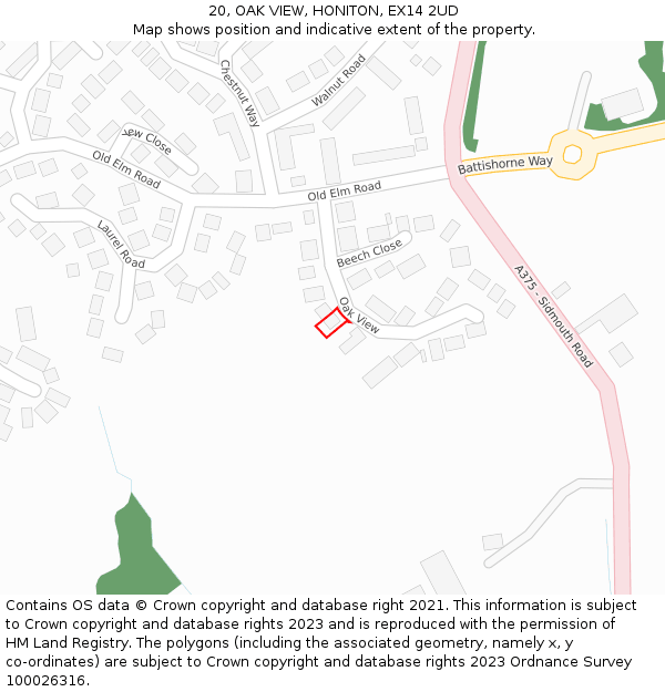 20, OAK VIEW, HONITON, EX14 2UD: Location map and indicative extent of plot